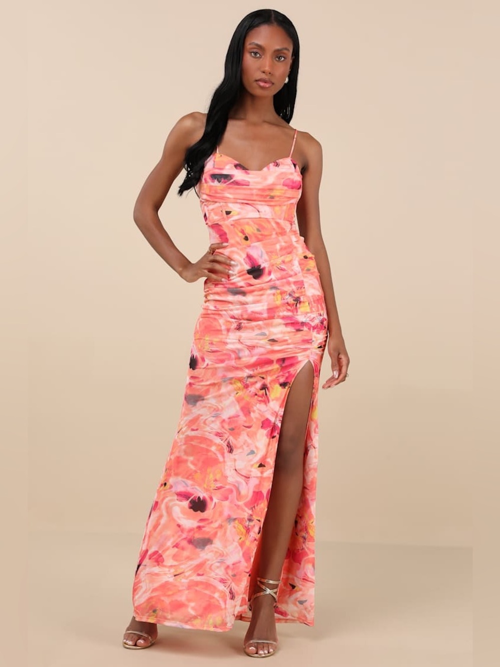 Lulu's Stunning Wonder Orange Floral Mesh Bustier Mermaid Maxi Dress Medium